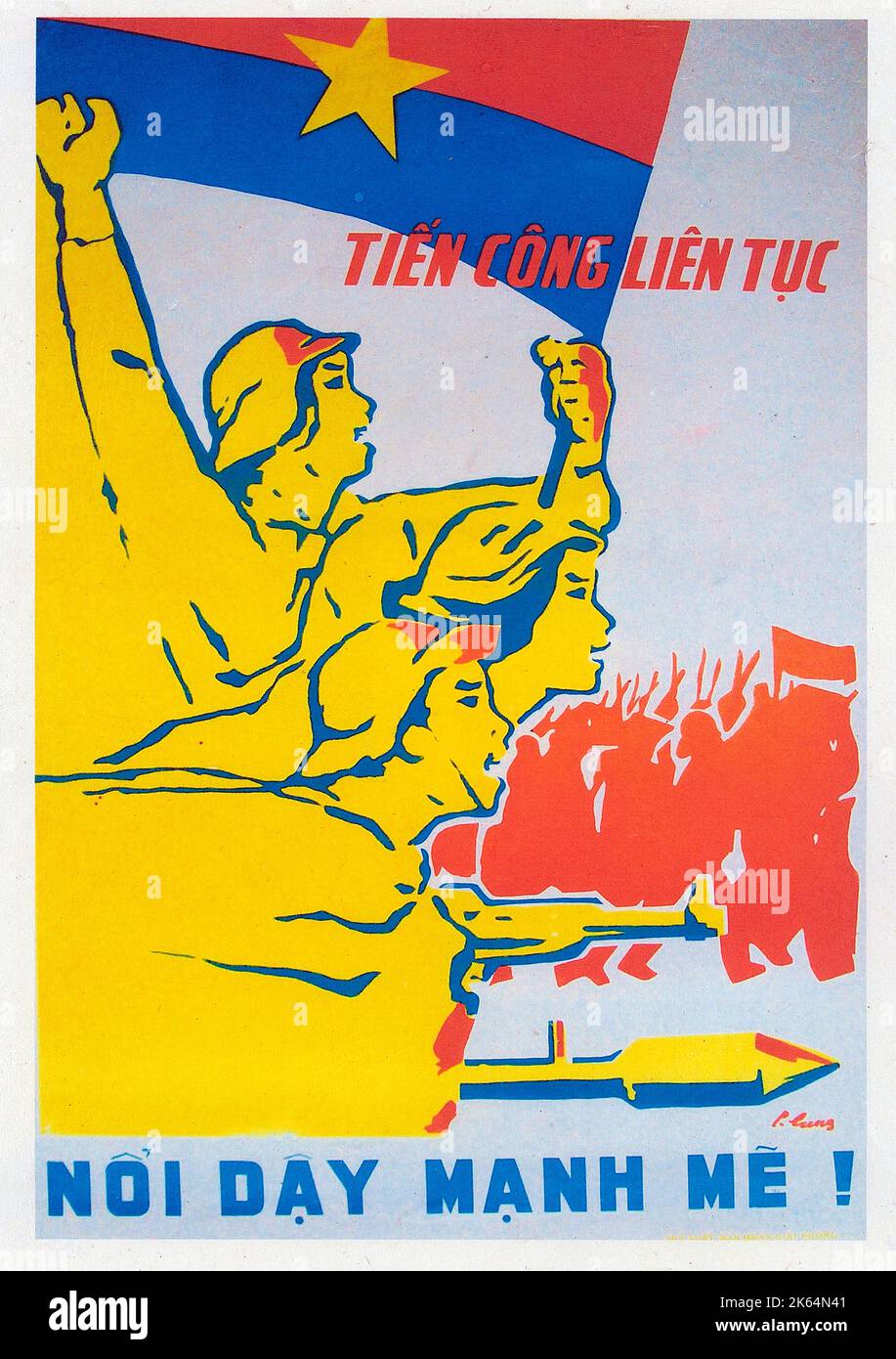 Vietnamese Patriotic Poster - 'Keep Attacking!' - 'Shout this loudly!' Stock Photo