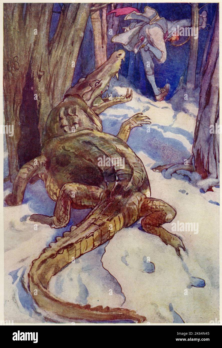 Illustration to Peter Pan by J.M. Barrie. Captain James Hook, fleeing from the crocodile that