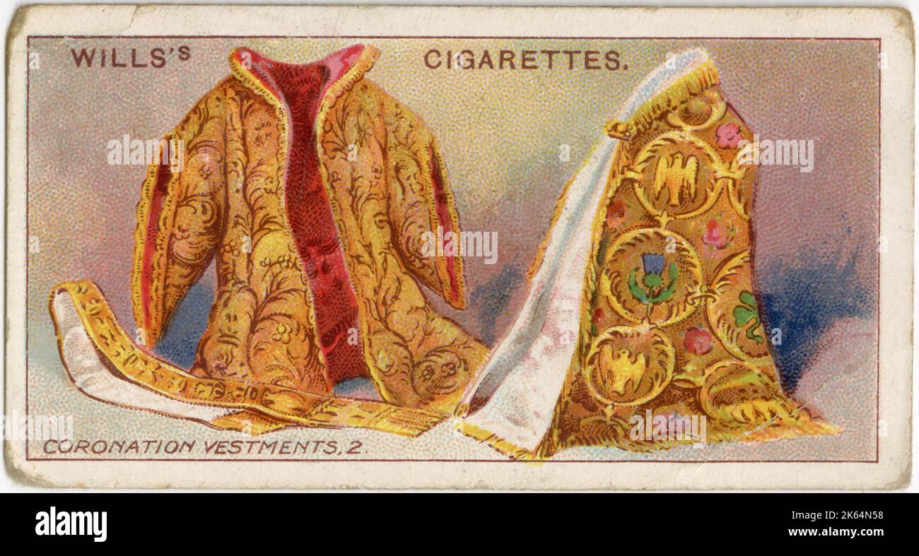 Coronation vestments. The Supertunica is worn over the Colobium. It is a sleeveless jacket of rich cloth of gold and brocaded purple tissue, and is lined with silk. Over this is placed the Armilla or Stole, also of cloth of gold, and over all, the Pallium or Imperial Mantle. These robes are worn by the monarch during the Putting on of the Crown.     Date: C.1911 Stock Photo