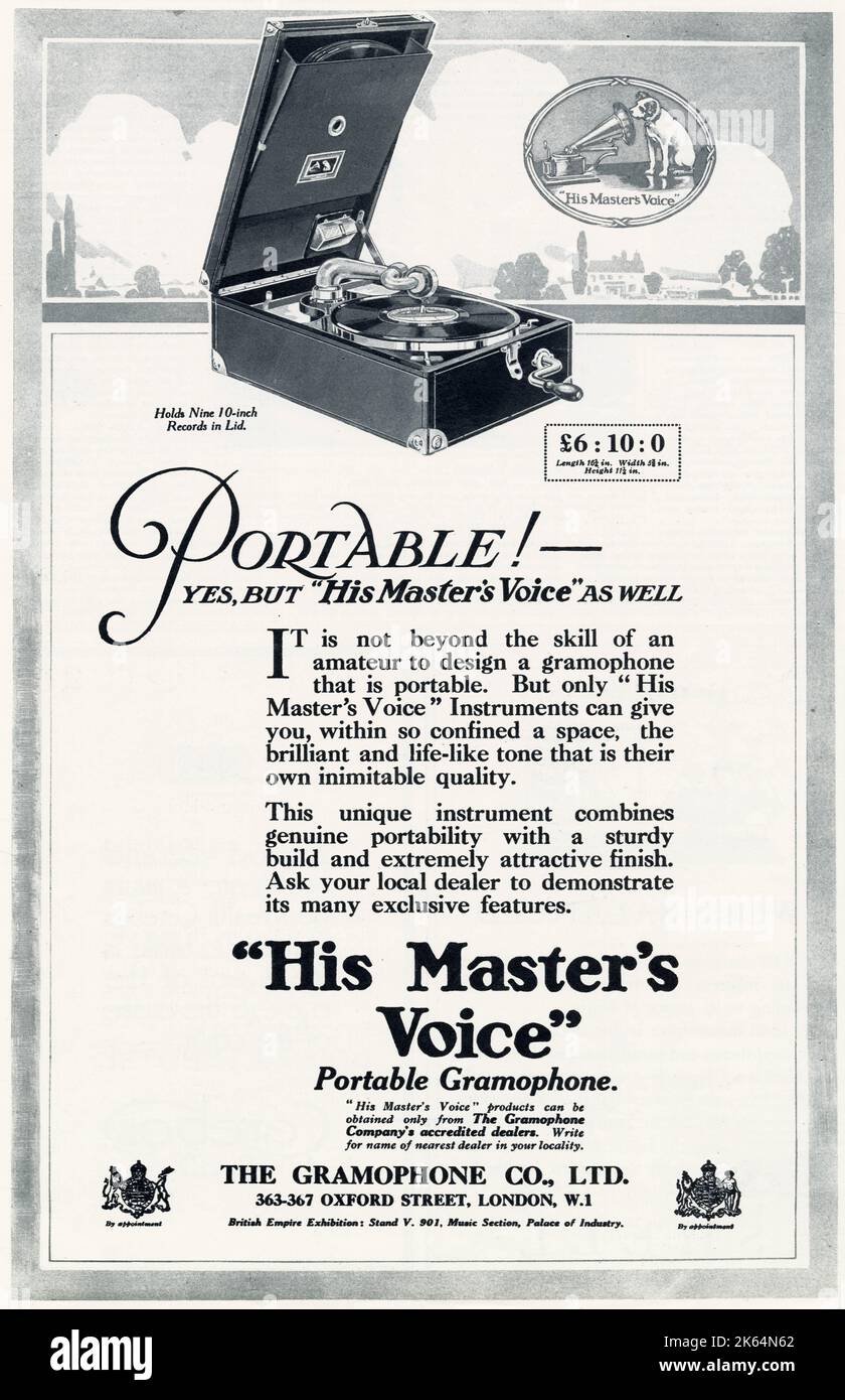 Advertisement for sturdy portable gramophone for 'His Master's Voice' products.      Date: 1925 Stock Photo