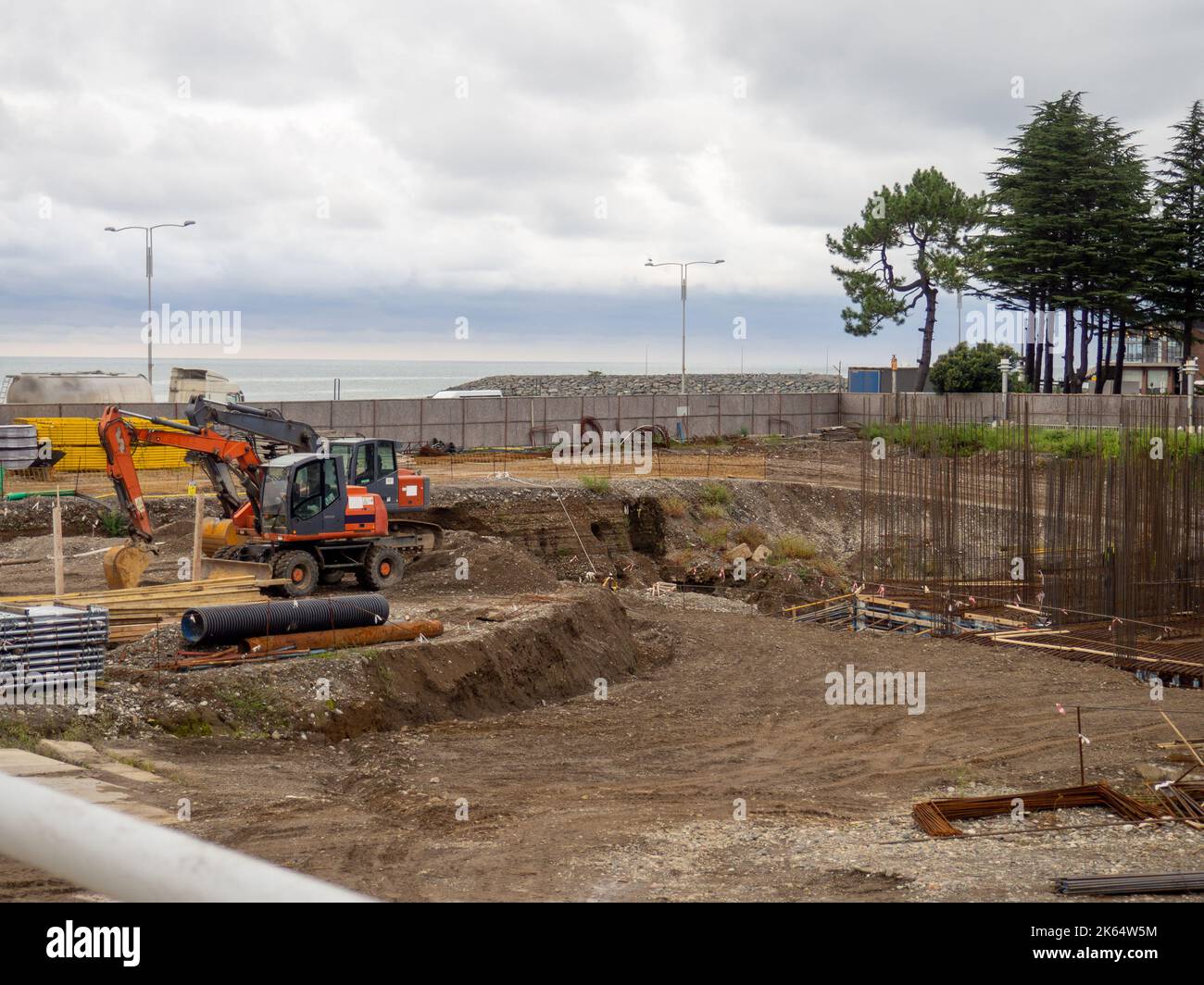 Construction of the foundation of a large complex. Workplace of ...