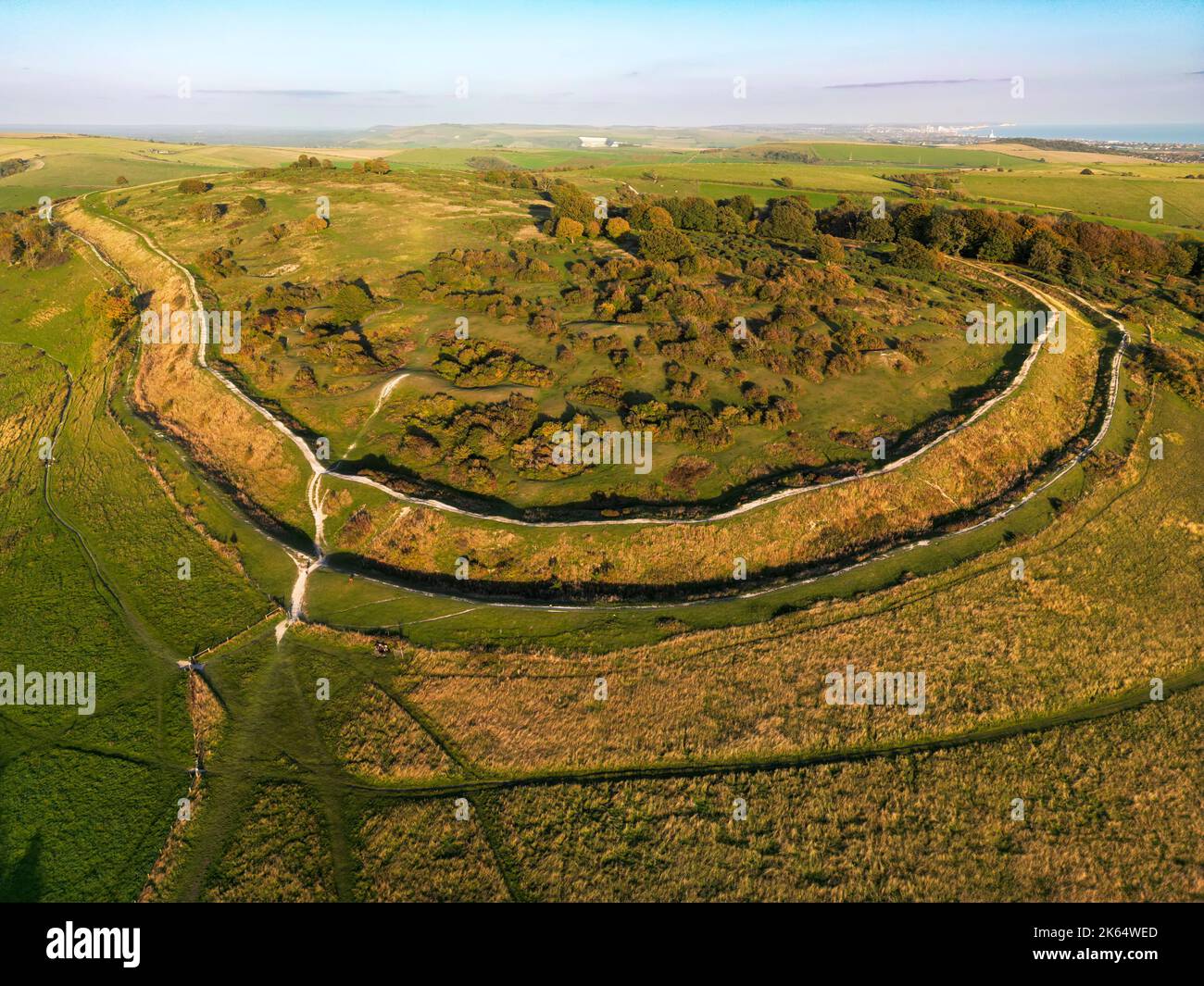 An aerial view in autumn of the Iron Age hillfort of Cissbury Ring close to Findon, West Sussex, England , UK Stock Photo