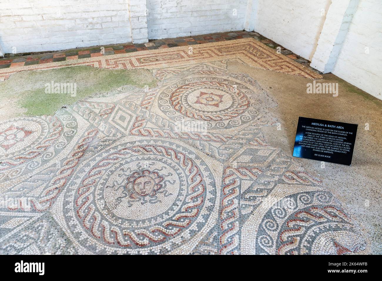 A Roman mosaic on the floor of the changing room of a bath house ...