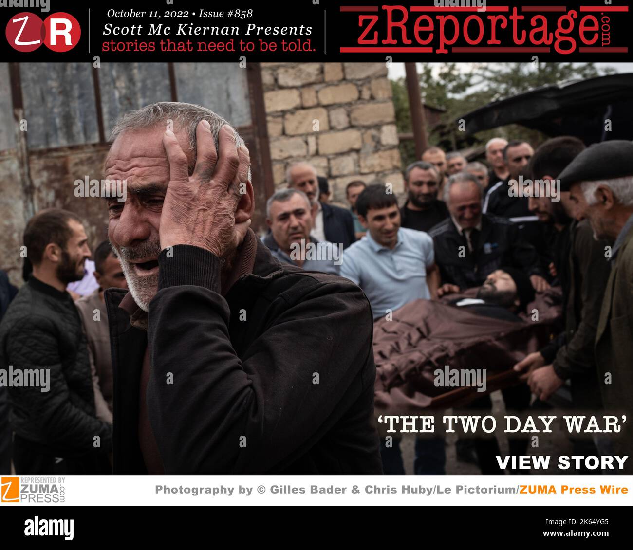 zReportage.com Story of the Week #858: TUESDAY October 11, 2022: 'THE TWO DAY WAR' by award winning Le Pictorium photographers Gilles Bader and Chris Huby: On September 13th, as families in eastern Armenia slept, Azerbaijan launched an unprovoked shelling on Armenian towns. The two former Soviet countries have been locked in off-and-on hostilities for decades over the disputed Nagorno-Karabakh republic, as Azerbaijan's regime takes advantage of the global, especially Russian, distraction. Azerbaijan attempted to deny a rocket attack, but NASA's fire management satellites detected massive therm Stock Photo