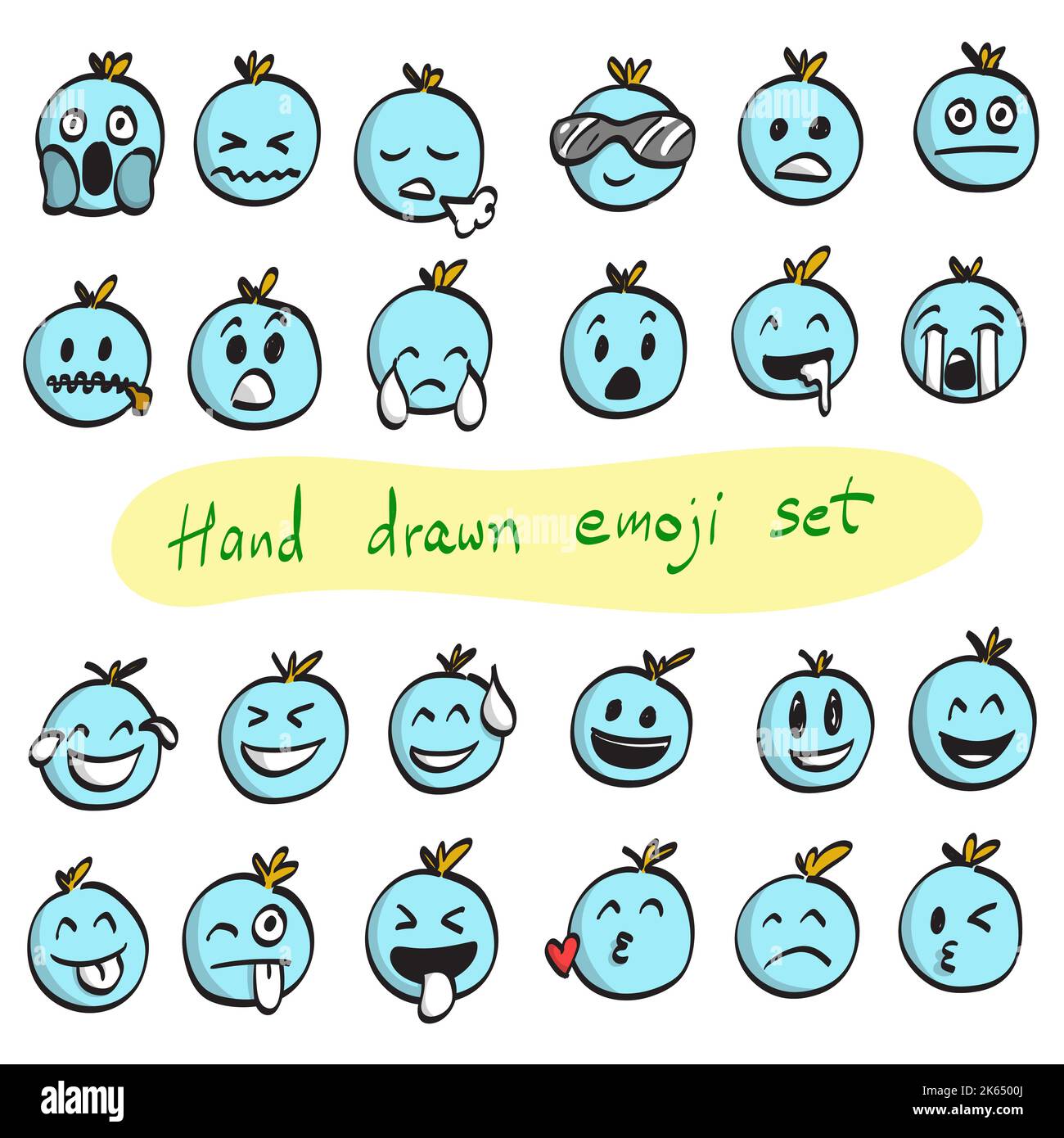 blue emoji set illustration vector hand drawn isolated on white background Stock Vector Image