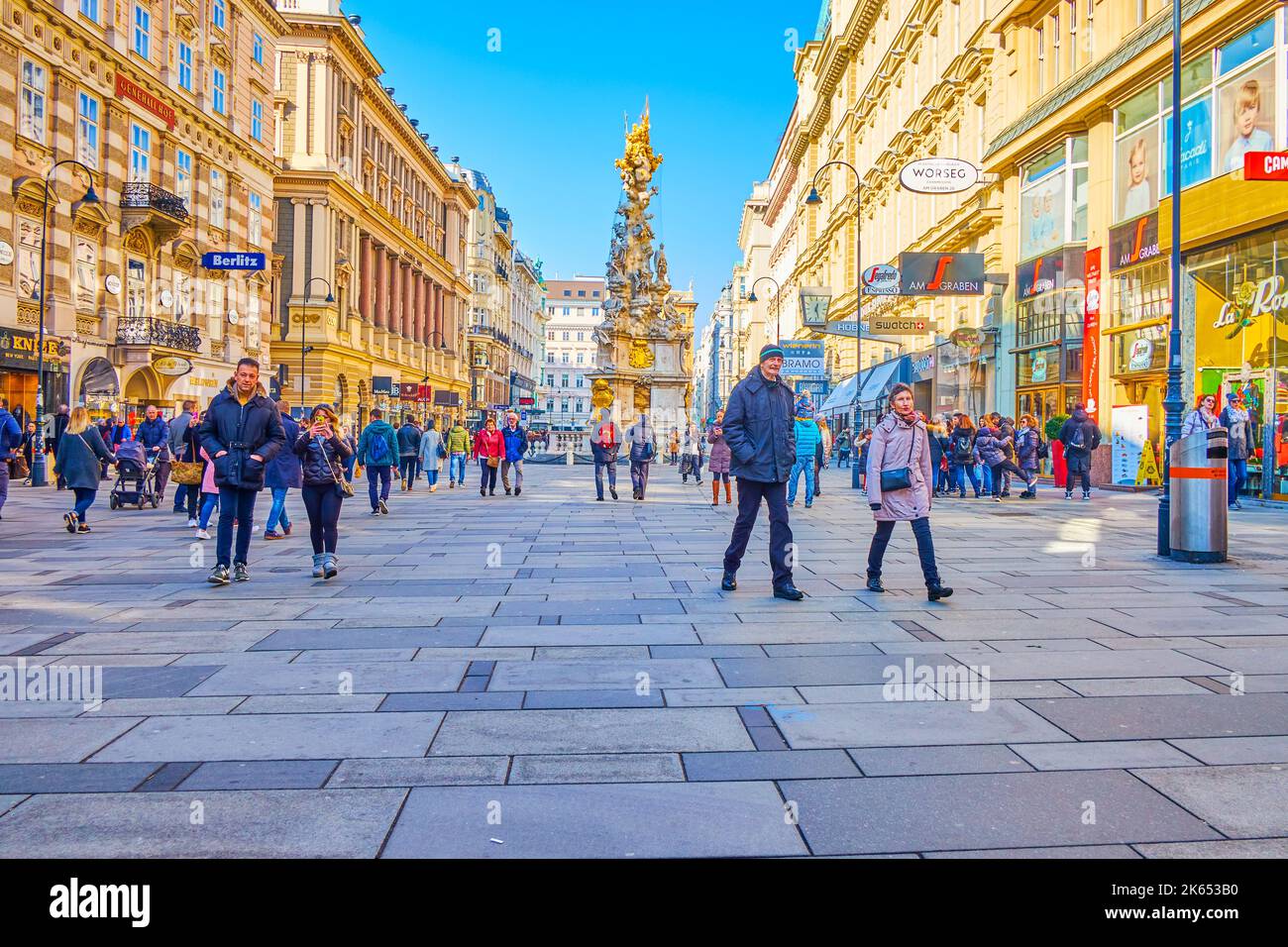 VIENNA, AUSTRIA - FEBRUARY 17, 2019: The central pedestrian Graben street with boutiques and restaurants, on February 17 in Vienna, Austria Stock Photo