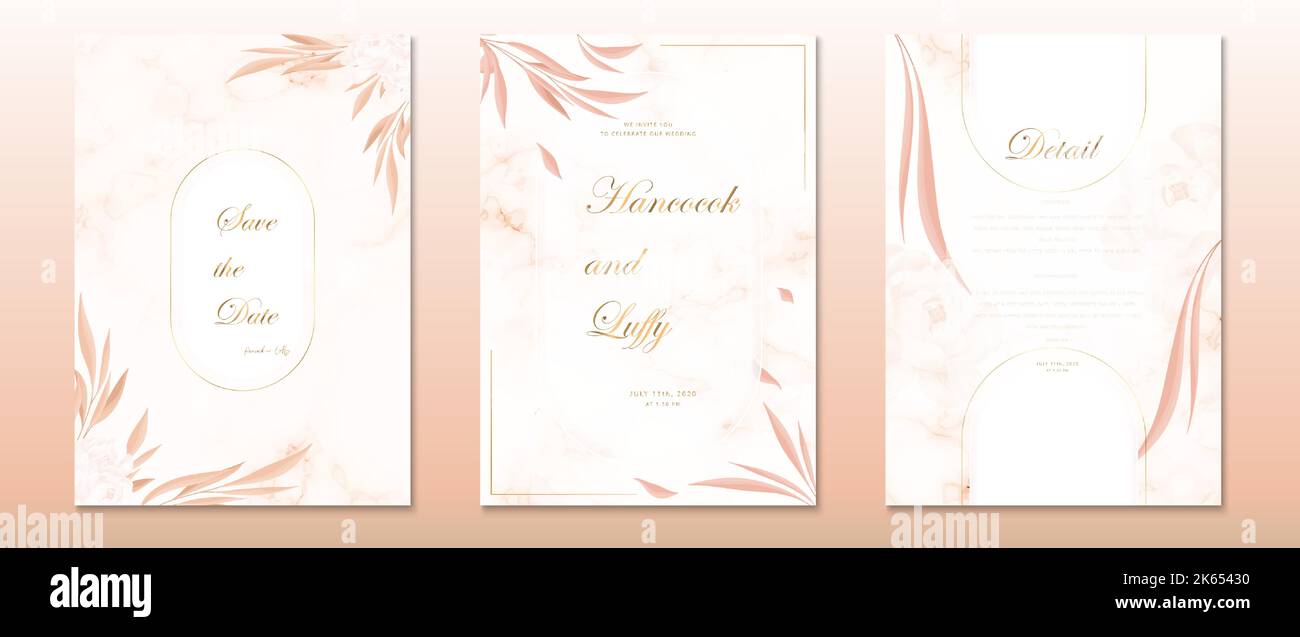 Wedding invitation card template orange background floral design luxury with gold frame and watercolor texture Stock Vector