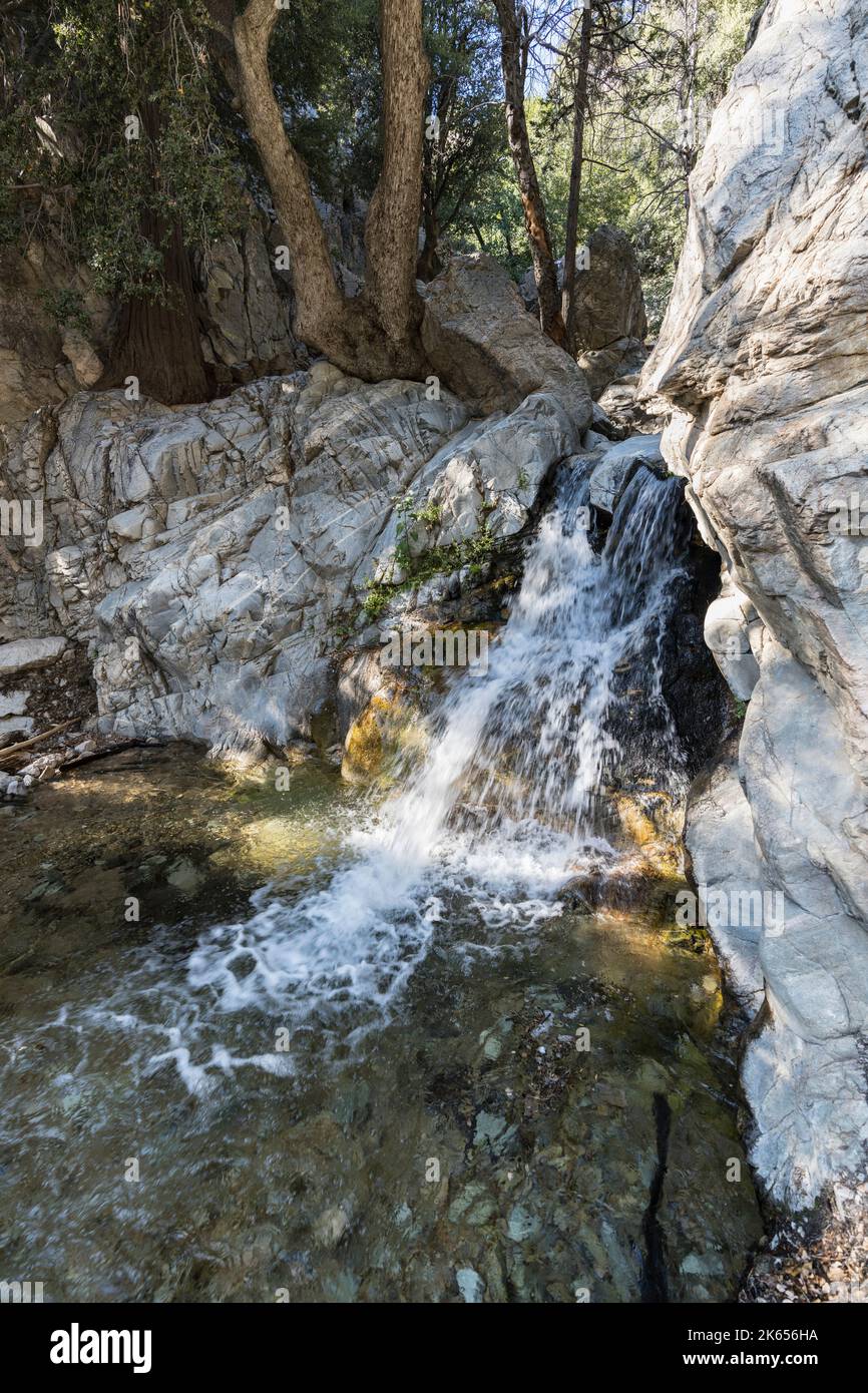 The base of Big Falls at Forest Falls in the San Bernardino Mountains of Southern California. Stock Photo