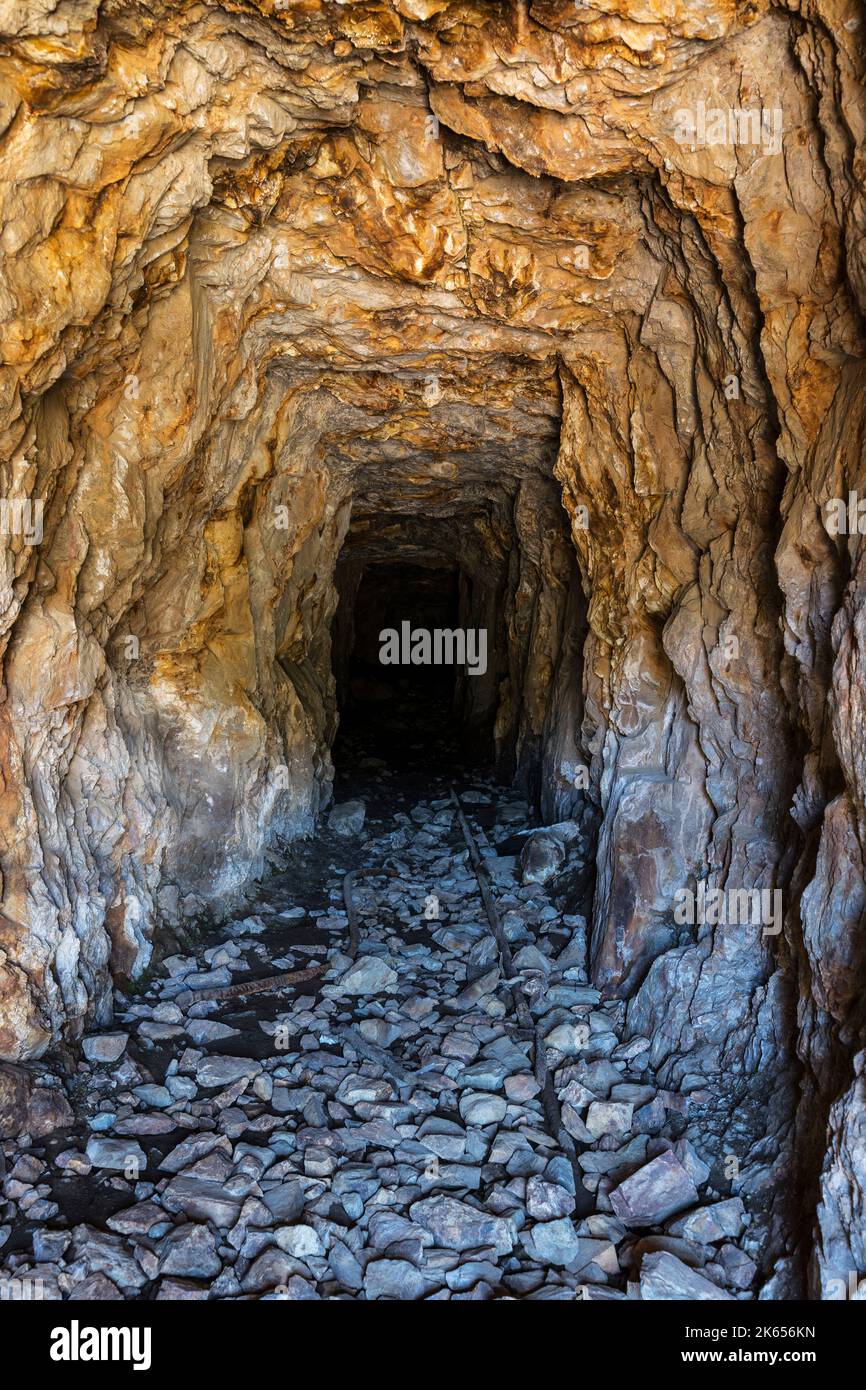 View inside abandoned gold mine near Mammoth Lakes in the Sierra Nevada Mountains of California. Stock Photo