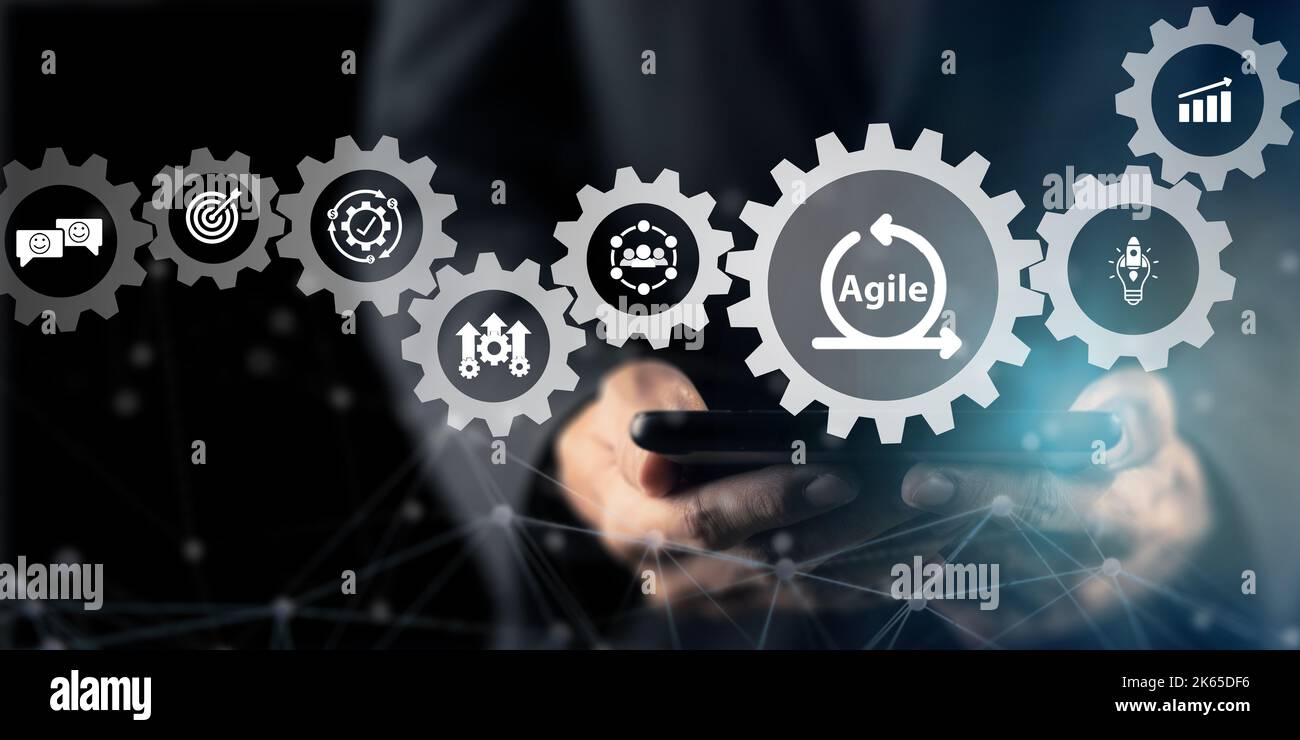 Agile management, the principles of agile software development and lean management to various management processes, product development lifecycle  and Stock Photo