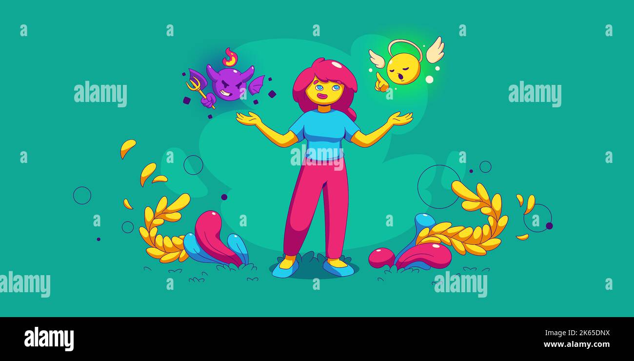 Woman choosing good or evil. Contemporary vector illustration of puzzled female character listening angel and devil emoji, thinking to make right decision, doubting between right and wrong choice Stock Vector