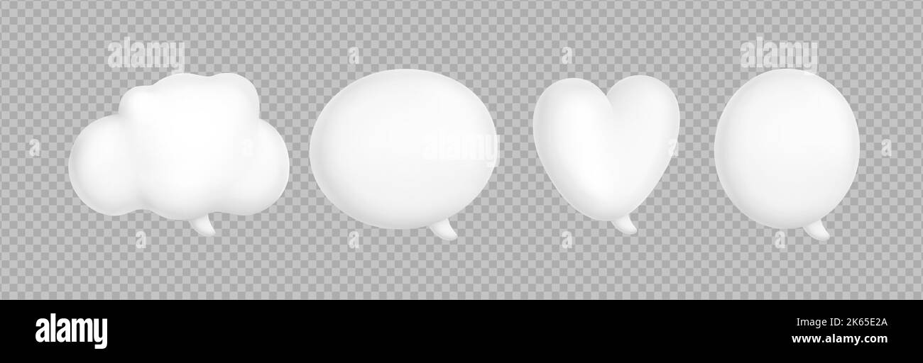 3d render speech bubbles, cloud, heart, round and oval shaped isolated blank message boxes, communication and thought balloons. Dialogue and speak frame elements, Illustration in cartoon plastic style Stock Vector