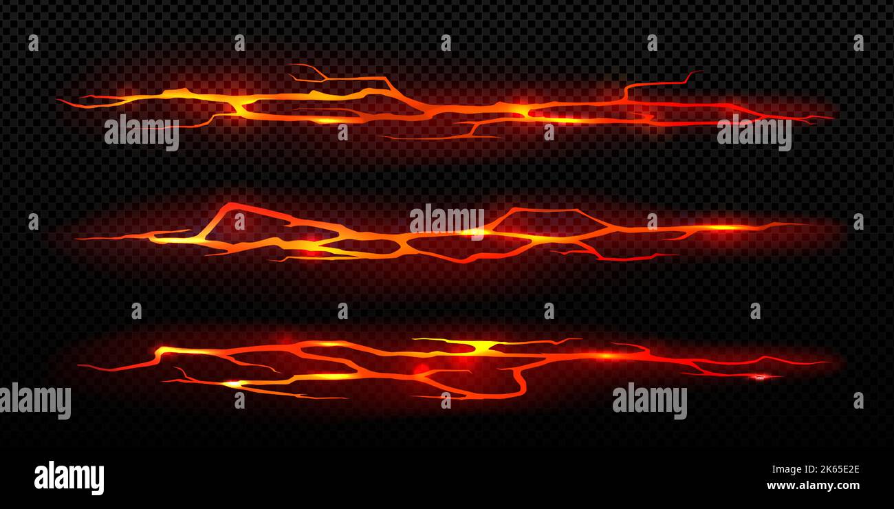 Ground cracks with hot molten magma. Lava and fire in breaks on land surface, fissures in ground from volcano or earthquake isolated on transparent background, vector realistic set Stock Vector
