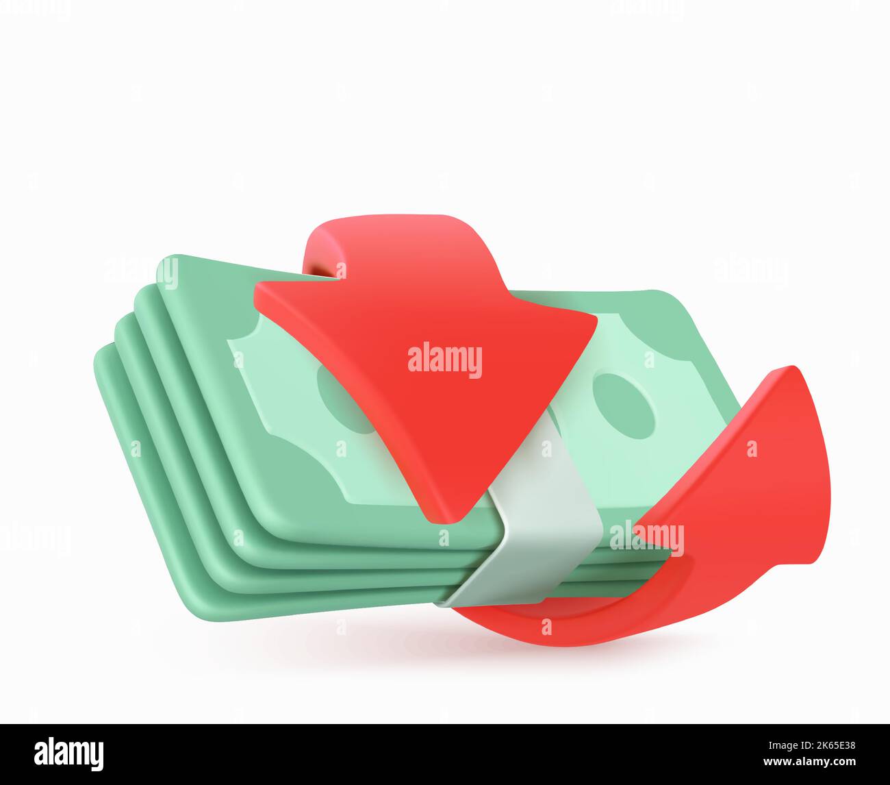 Paper cash bundle, money stack with red circle arrow. Icon of financial