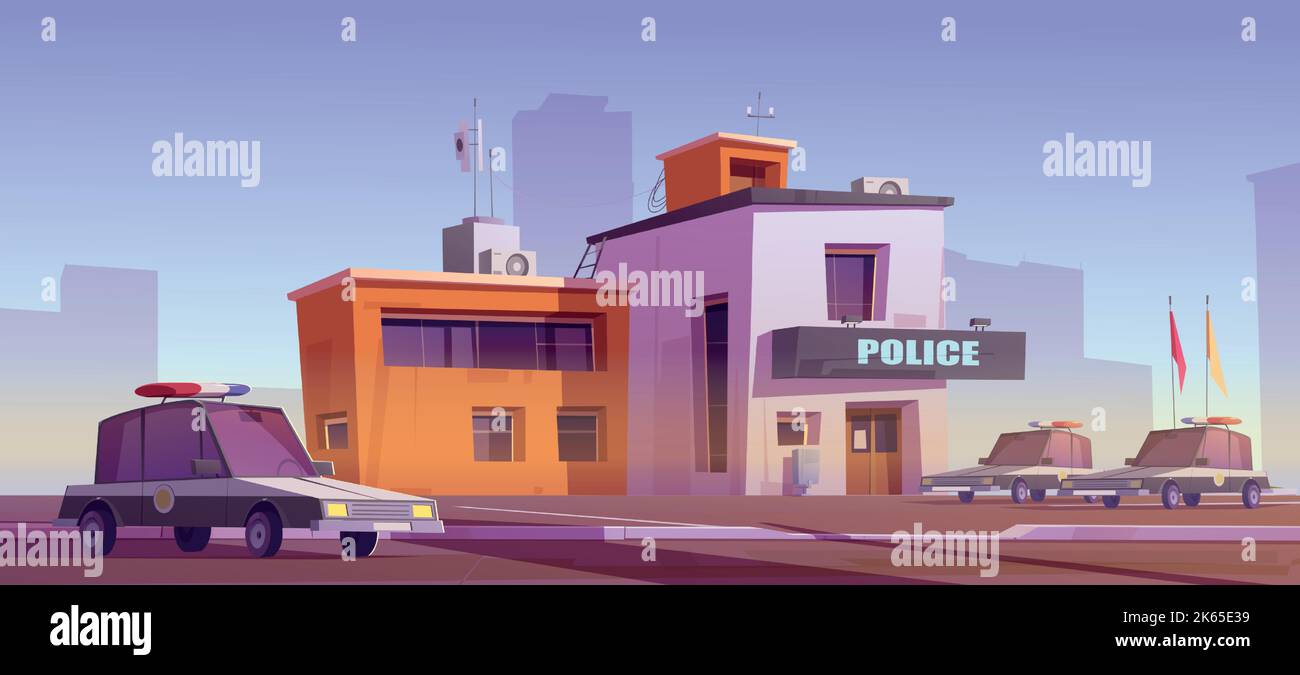 Cartoon police station building with patrol cars. Vector illustration of police department office and cityscape silhouettes on background. Law enforcemen and public order protection. Security guard Stock Vector