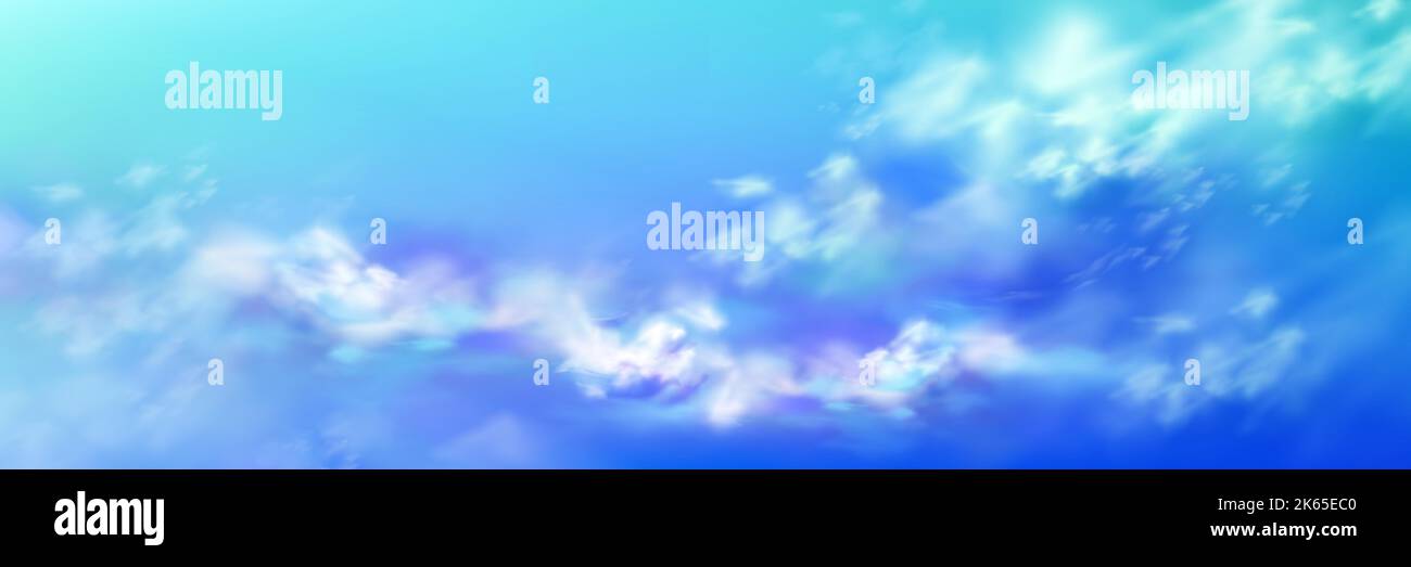 Realistic sky, blue heaven with white soft fluffy clouds abstract natural background. Tranquil cloudscape view, vivid fantasy panoramic backdrop, beautiful skyey paradise, 3d vector illustration Stock Vector