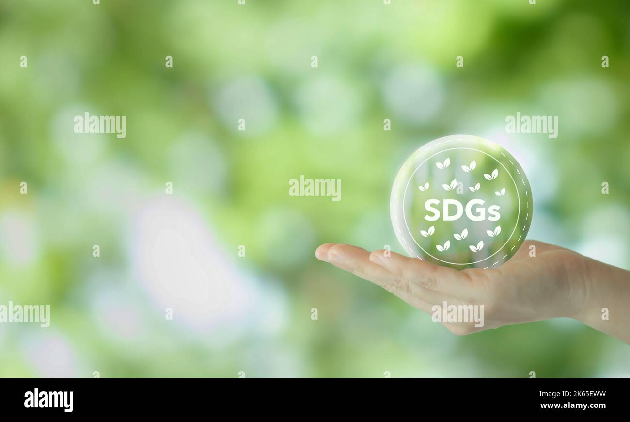 Sustainable development goals. SDGs. concept. The 2030 Agenda for sustainable development. Developed in cooperation with UN system. Hand protection th Stock Photo