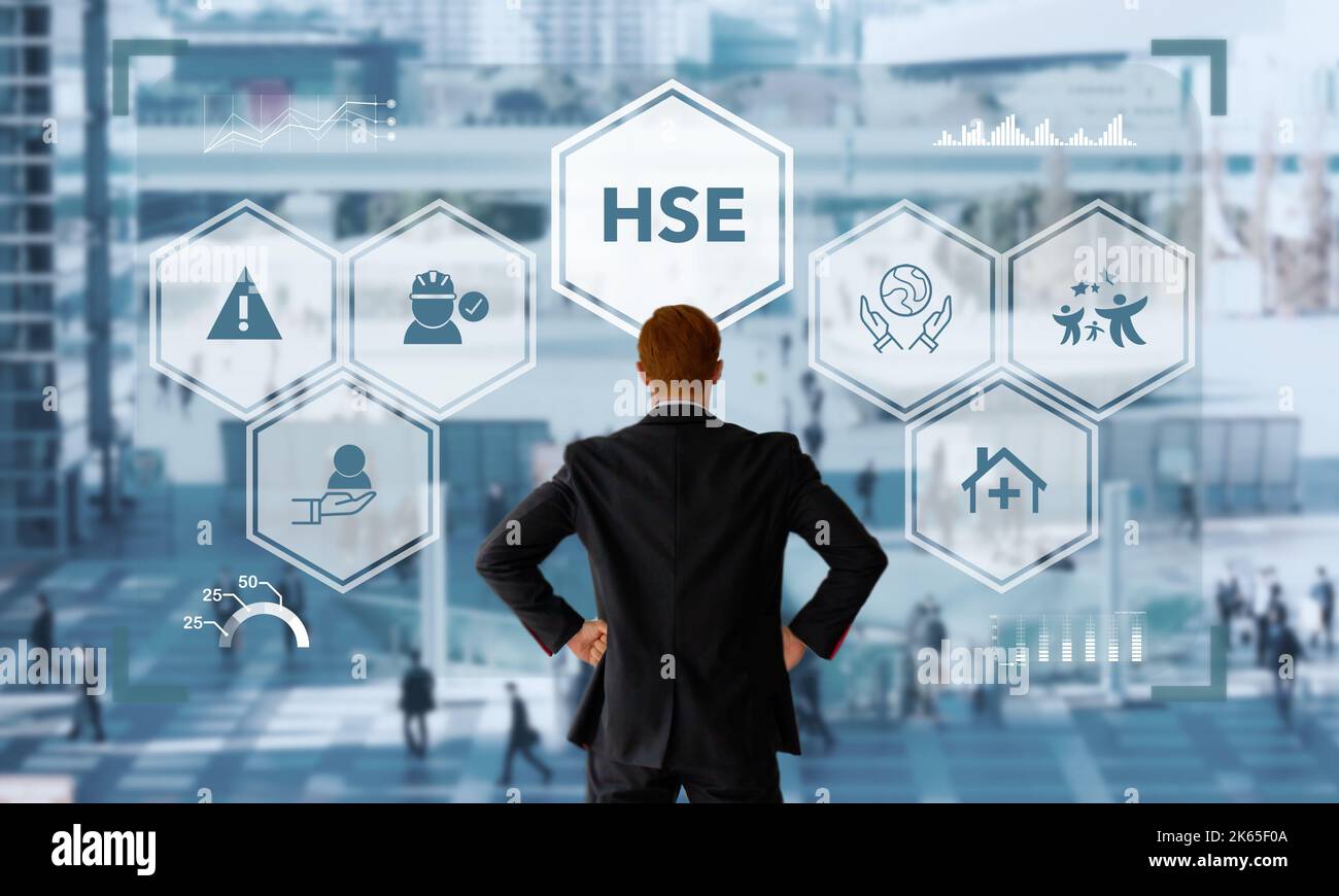 HSE-Health Safety Environment concept. Environmental management, health protection and occupational safety by planning, implementing, monitoring and o Stock Photo