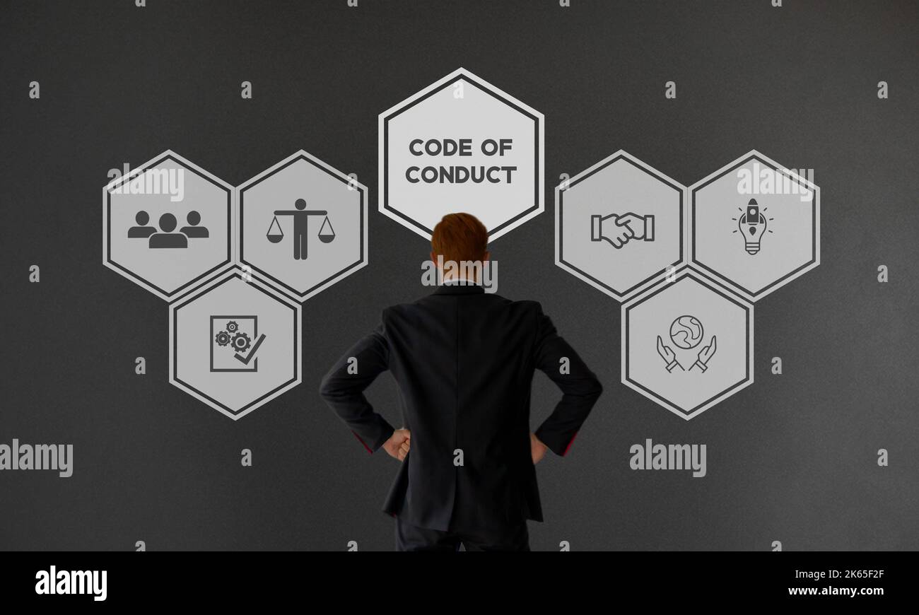 Code of conduct business concept. Business ethics concept. Norms, rules, and responsibilities or proper practices of an individual party or an organiz Stock Photo