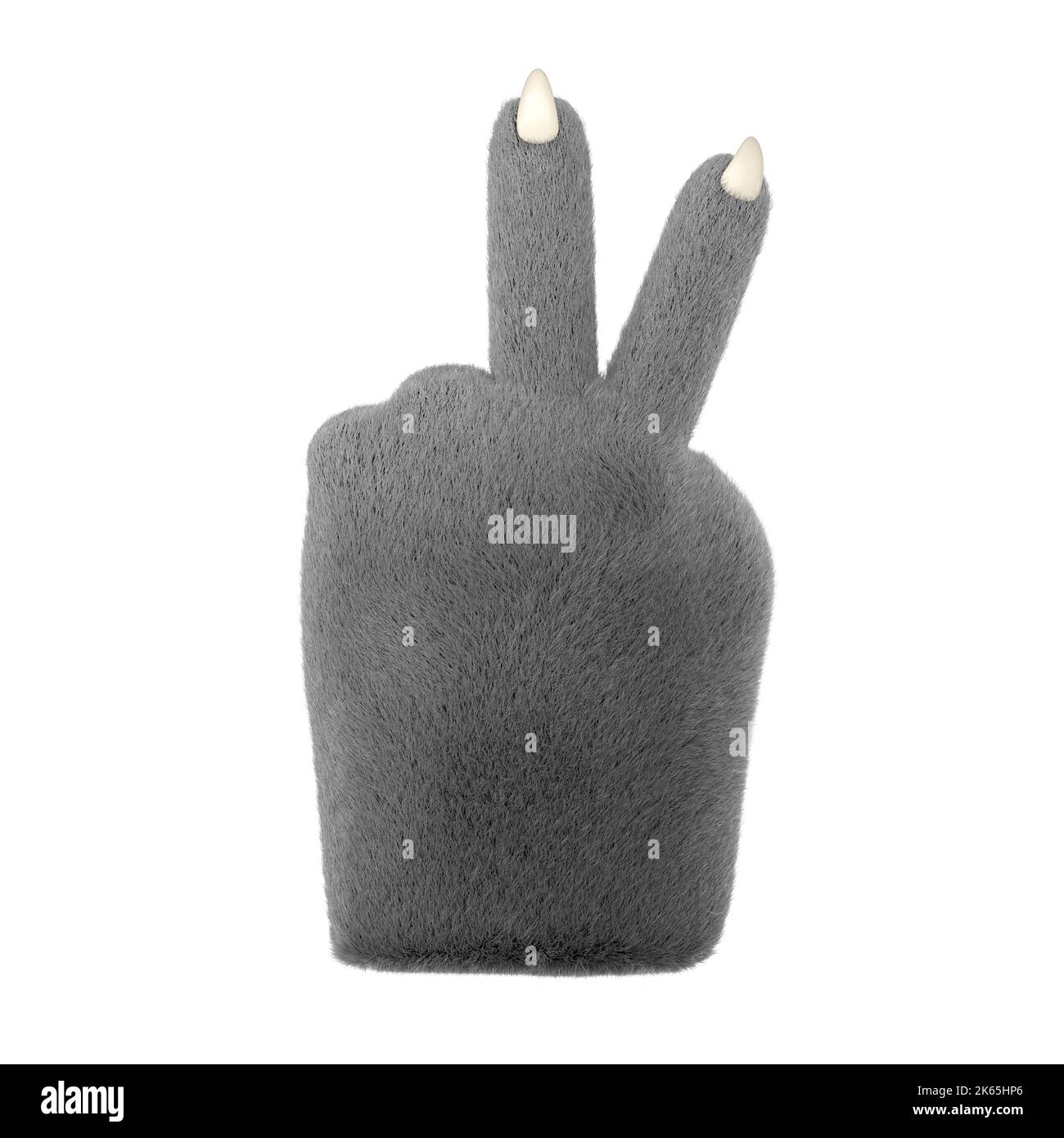 3d furry wolf hands in plastic cartoon style. Peace fingers gesture