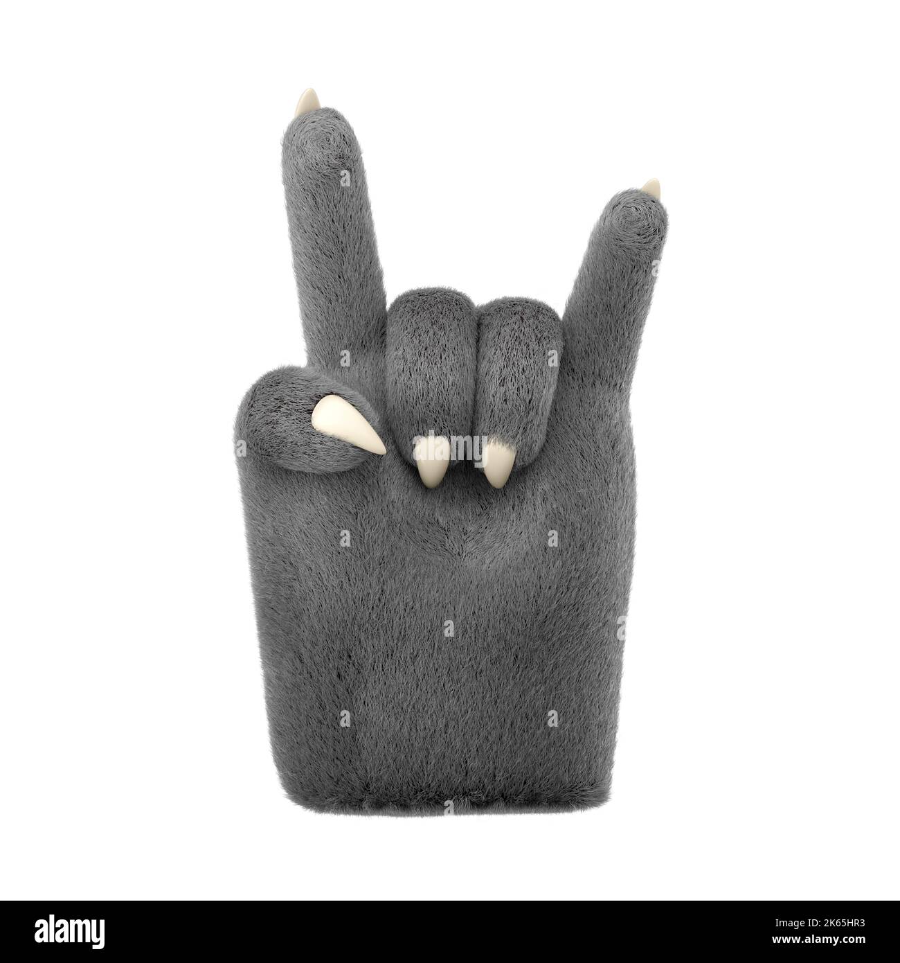 3d furry wolf hands in plastic cartoon style. Rock fingers gesture