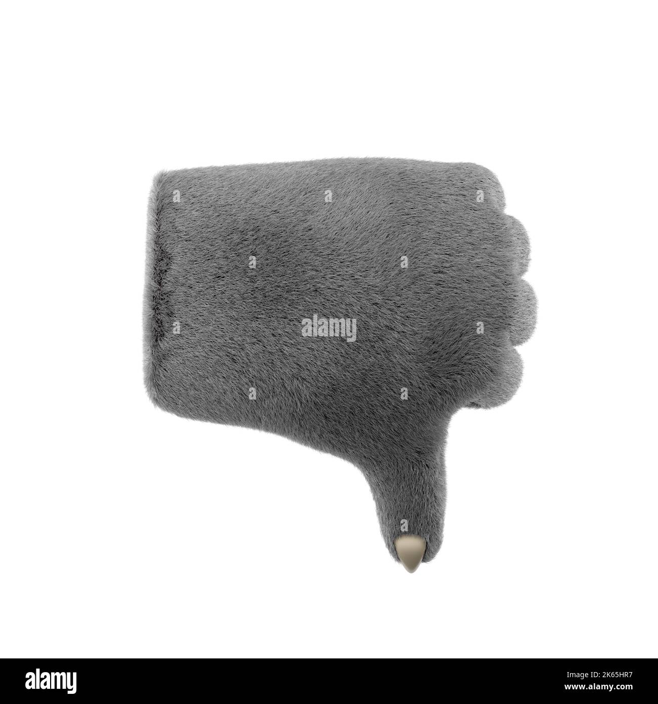 3d furry wolf hands in plastic cartoon style. Thumb down fingers