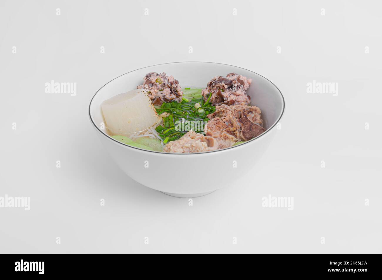 Bun Moc, Rice noodle soup with pork ball, Vietnamese food isolated on white background, perspective view Stock Photo