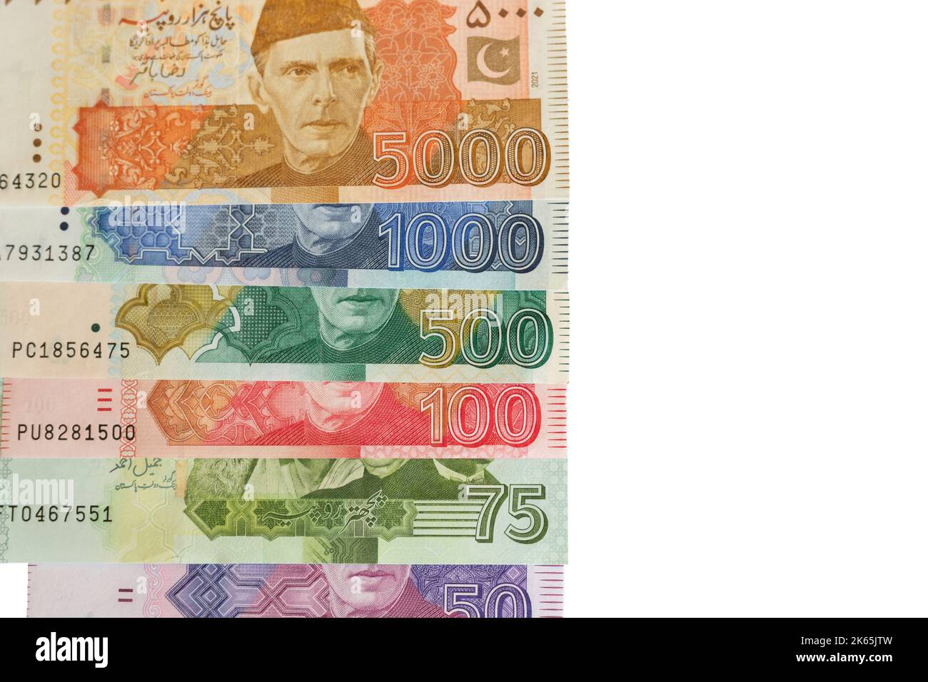 Pakistani currency banknotes from high to lower denomination set in order with copy space Stock Photo