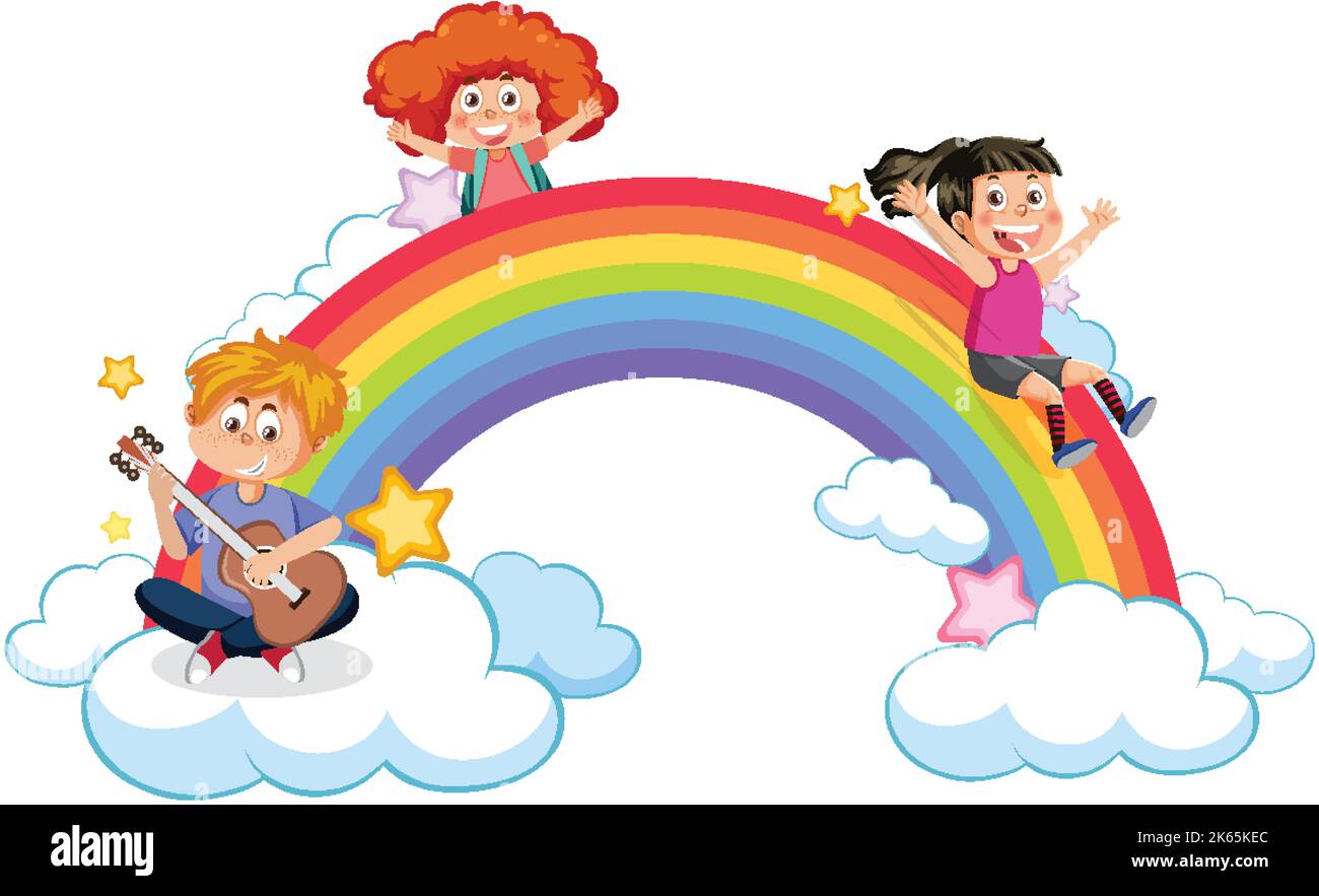 Happy children with rainbow illustration Stock Vector Image & Art - Alamy