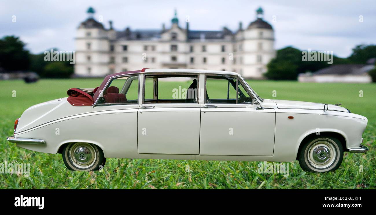 Daimler sedan DS420 based on Jaguar, side view of classic luxury automobile with large chrome radiator grille,vehicle location Lehnin, Germany, Septem Stock Photo