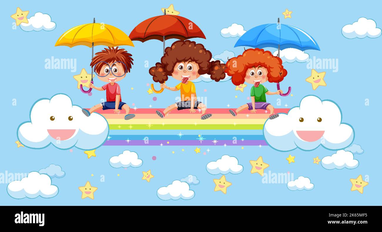 Happy kids in in the sky with rainbow illustration Stock Vector Image ...
