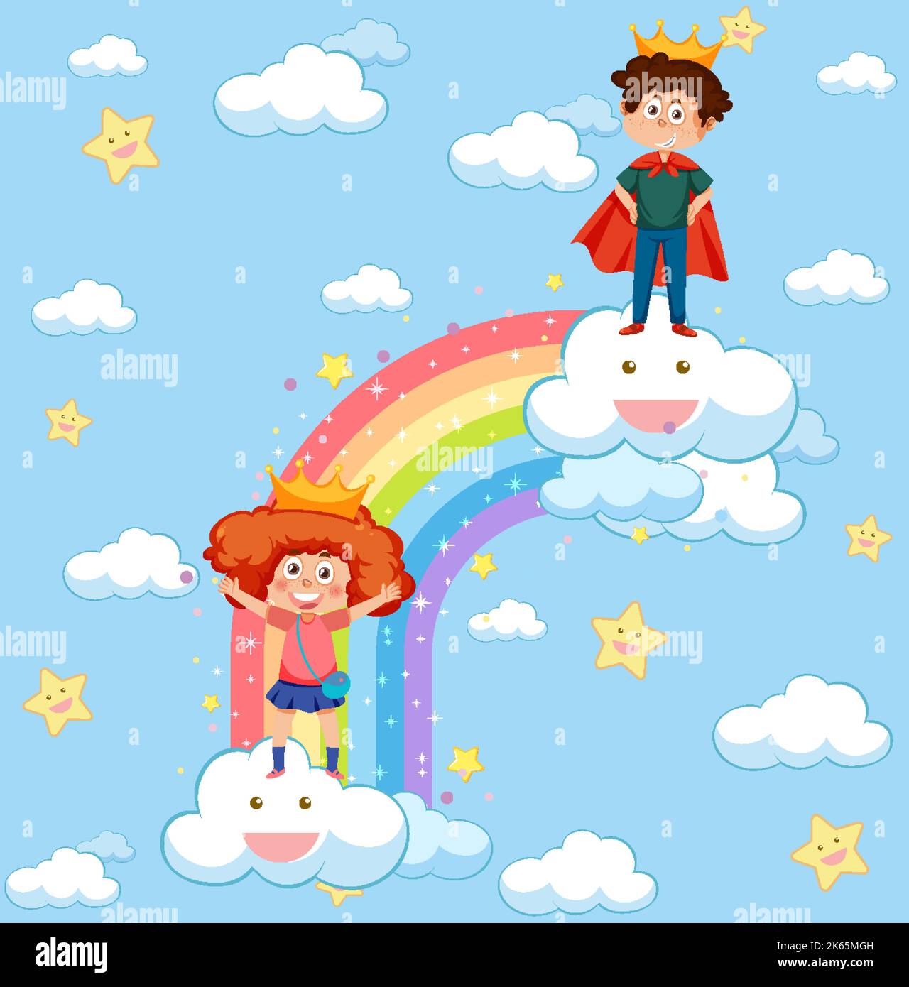 Happy kids in in the sky with rainbow illustration Stock Vector Image ...