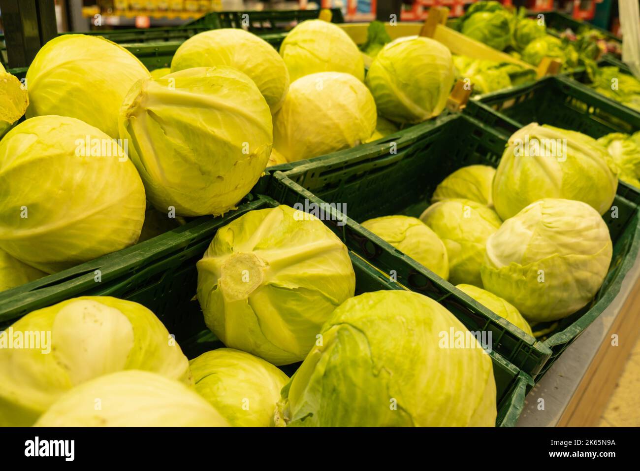 Cabbages on the table in traditional marketplace. Soft focused shot of