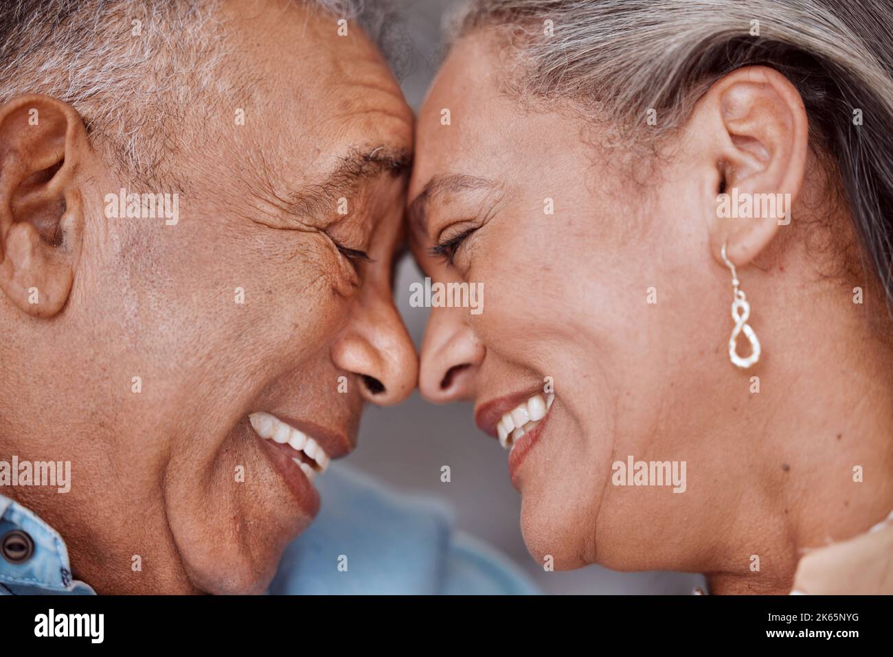 Love, senior couple and happy together, care, relationship support and relaxed retirement bonding. Elderly funny man and woman happy face, sweet relax Stock Photo