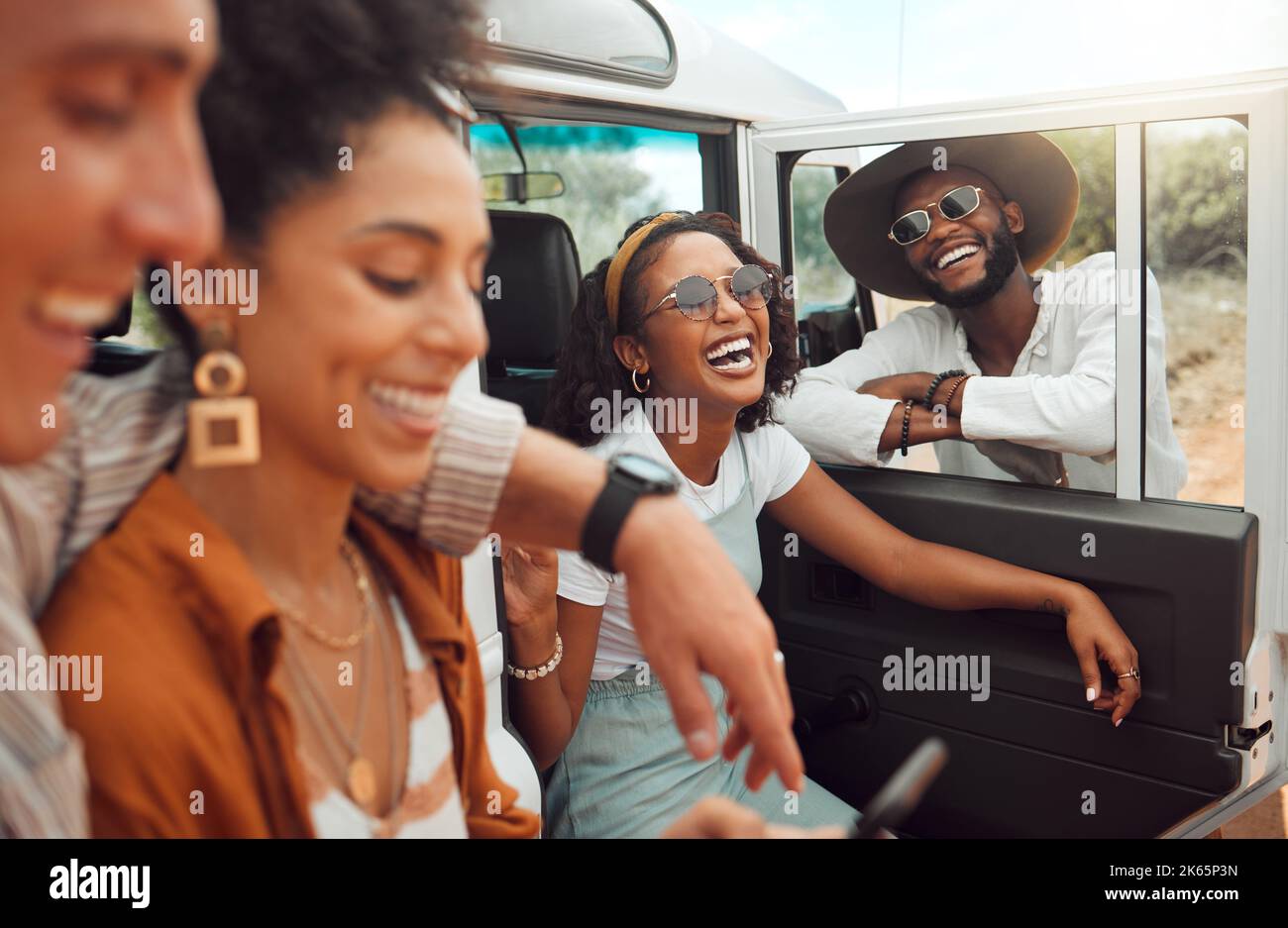 Road trip, friends and travel with a man and woman group laughing or ...