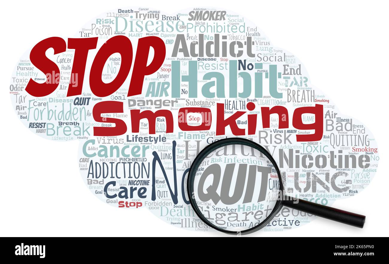 Big word cloud with words Stop Smoking with magnifying glass. The