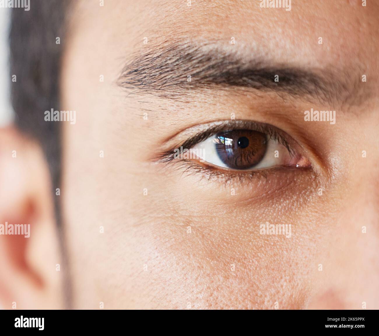 Closeup eye of mixed race male looking serious in studio. Asian male standing indoors with no expression and copyspace. Ready to see the optometrist Stock Photo