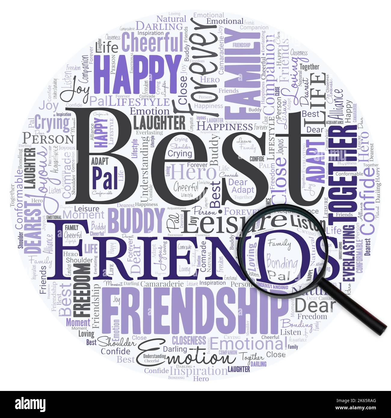 Big word cloud in the shape of circle with words best friends with magnifying glass. A person you value above other persons. Forever buddies Stock Photo