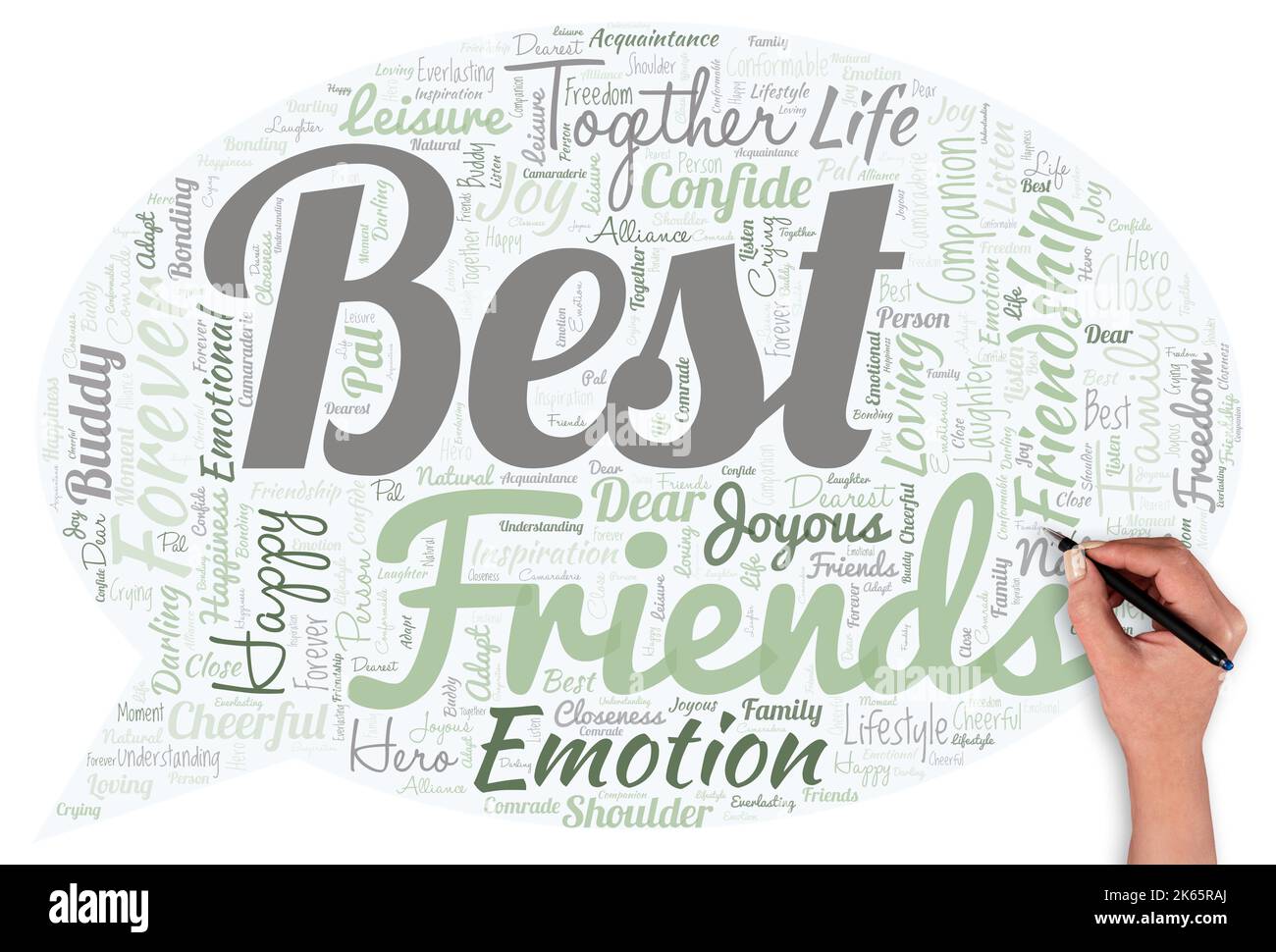 Big word cloud in the shape of speech bubble with words best friends. with hand and pen A person you value above other persons. Forever buddies Stock Photo