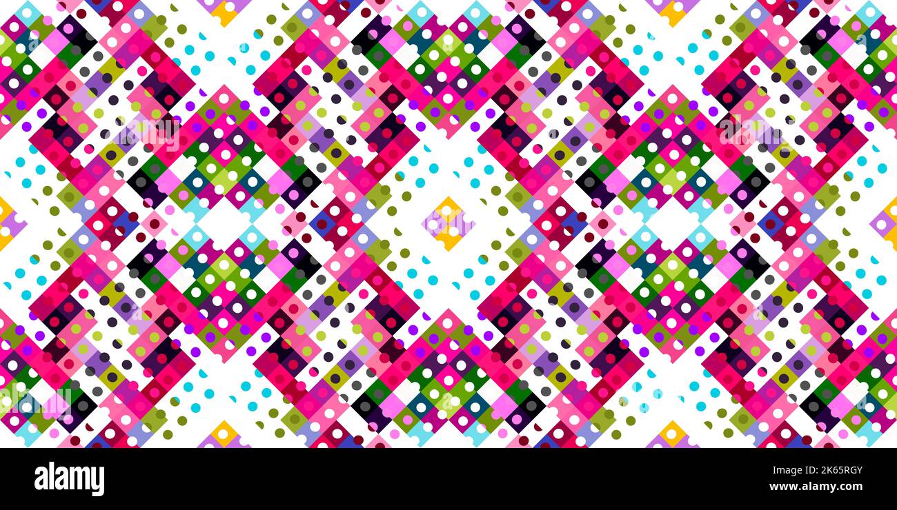 Whimsical geometric pixel pattern. Playful fun kaleidoscopic pink ...