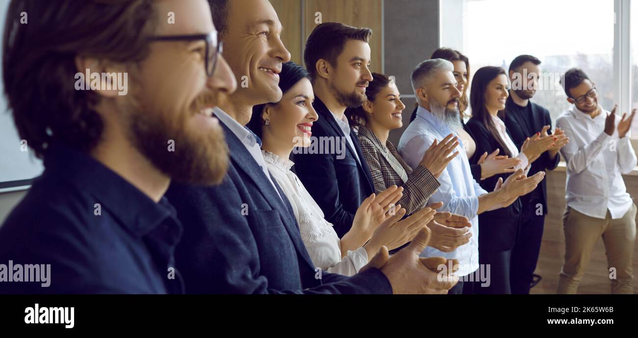 Banner of businesspeople clap hands show acknowledgement Stock Photo