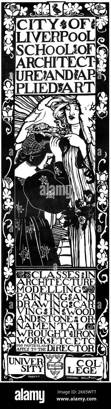 A quintessential Art Nouveau style advertising poster for the Liverpool School of Architecture and Applied Arts Advertising poster for classes showing a woman laying a crown of leaves on the head of another woman. The artist is Robert Anning Bell (1863-1933) Stock Photo