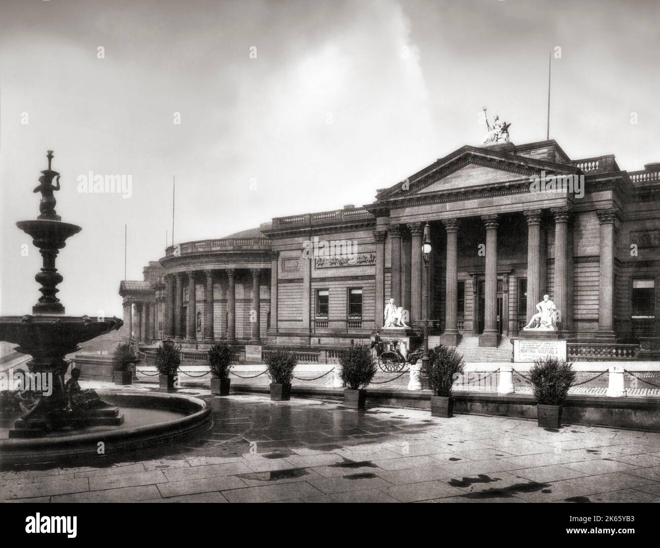 A late 19th century view of the Walker Art Gallery in William Brown Street in Liverpool City centre. Designed by local architects Cornelius Sherlock and H. H. Vale, the Walker Art Gallery was opened on 6 September 1877 by Edward Henry Stanley, 15th Earl of Derby and named after its founding benefactor, Sir Andrew Barclay Walker (1824–1893), a former mayor of Liverpool and wealthy brewer. Stock Photo