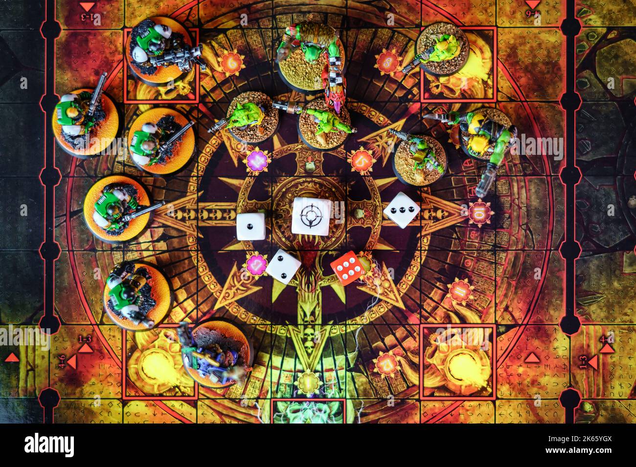 Board game board seen from above, with figures to participate in the role-playing game. Stock Photo