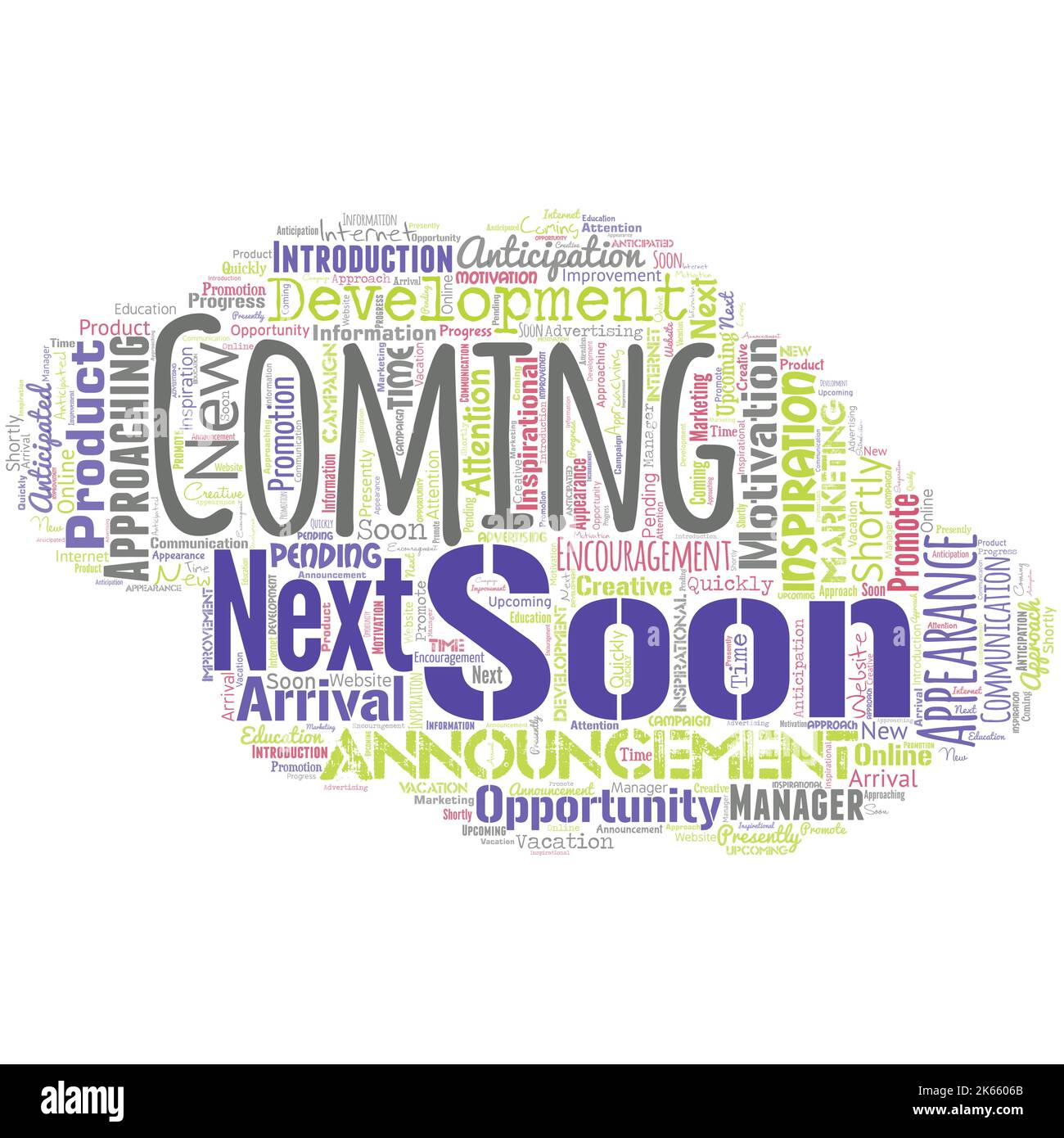 Big word cloud in the shape of UFO with words coming soon. Something is going to happen in really short time of period Stock Vector