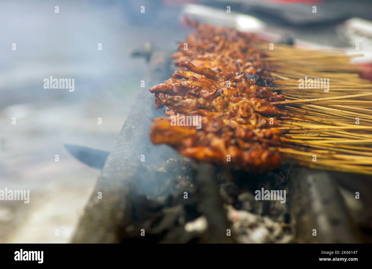 Sate Ayam or Chicken Satay, a traditional satay from Yogyakarta, Indonesia, in shallow focus and