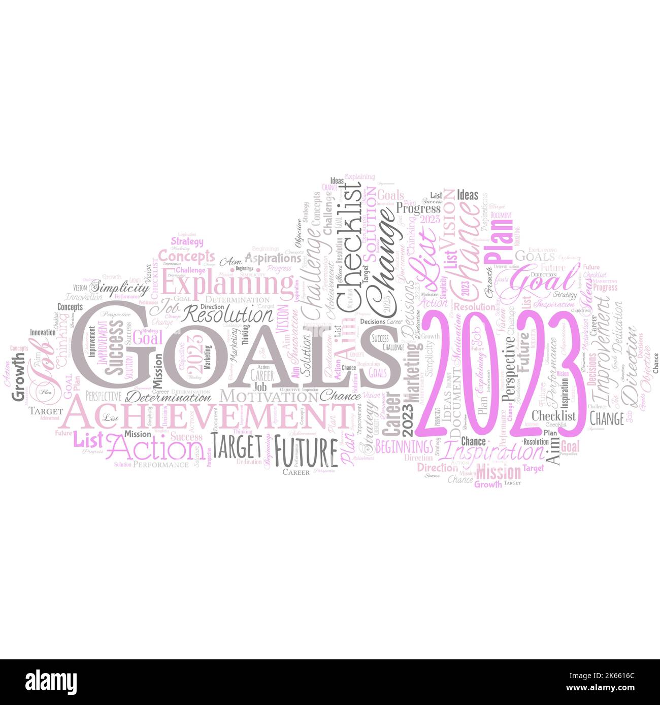 Big word cloud in the shape of UFO with words goals 2023. Identifying