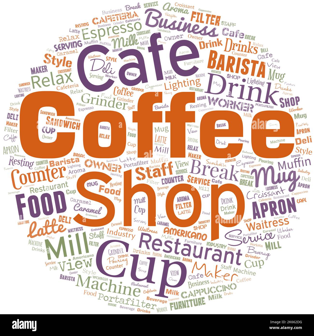 Big word cloud in the shape of circle with words coffee shop. Small