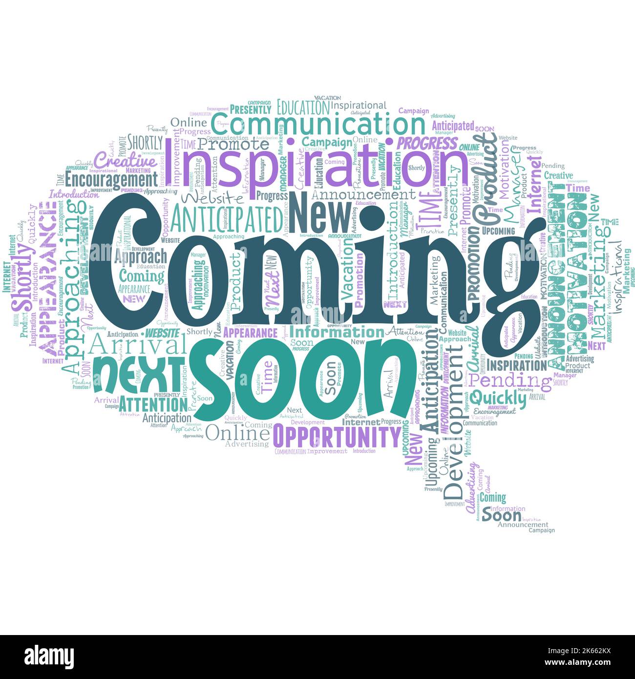 Big word cloud in the shape of dialog box with words coming soon. Something is going to happen in really short time of period Stock Vector