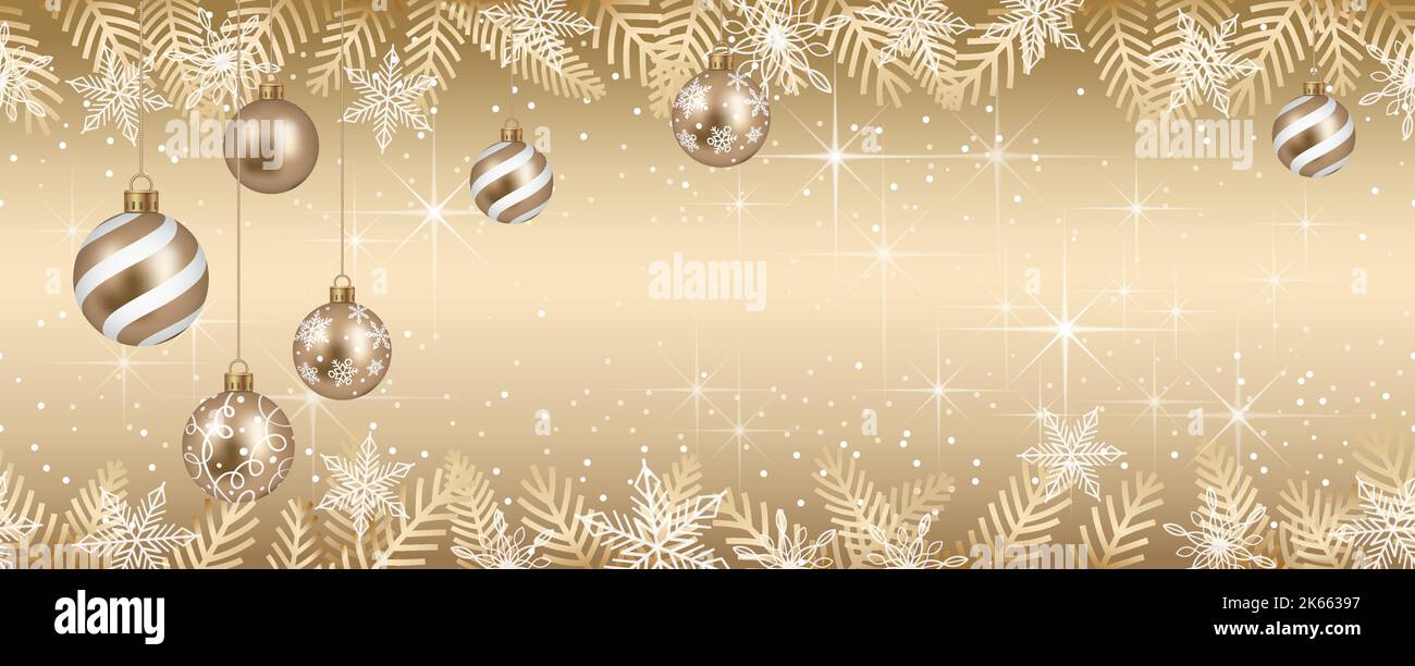Seamless Abstract Vector Illustration With Christmas Balls And Luminous Gold Background With Text Space. Horizontally Repeatable. Stock Vector